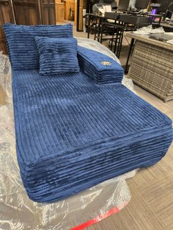 Blue Corduroy Chaise Lounge with Cup Holder. 40×65×16