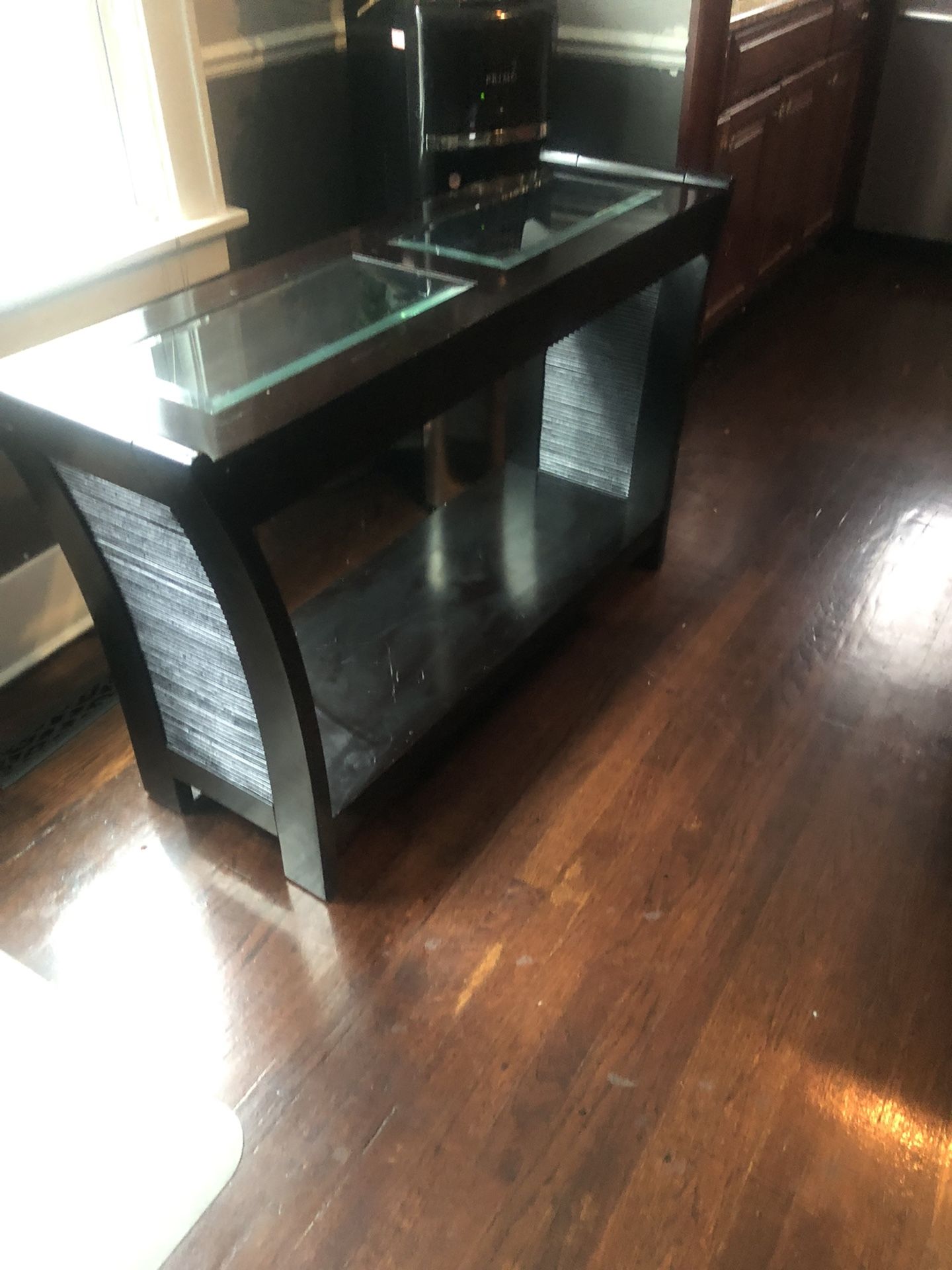 Console table / entry table - black beveled glass By Klaussner furniture. 52 W x 16Dx 31H