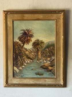 THIEME ANTIQUE PALM SPRINGS CALIFORNIA LANDSCAPE OIL PAINTING VINTAGE RIVER 1957
