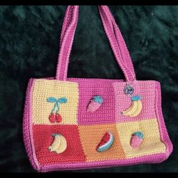 The Sak Crochet Pink Purse Raised Fruit Themed Design Retro Classic Rare