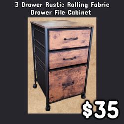 NEW 3 Drawer Rustic Rolling Fabric Drawer File Cabinet: njft 