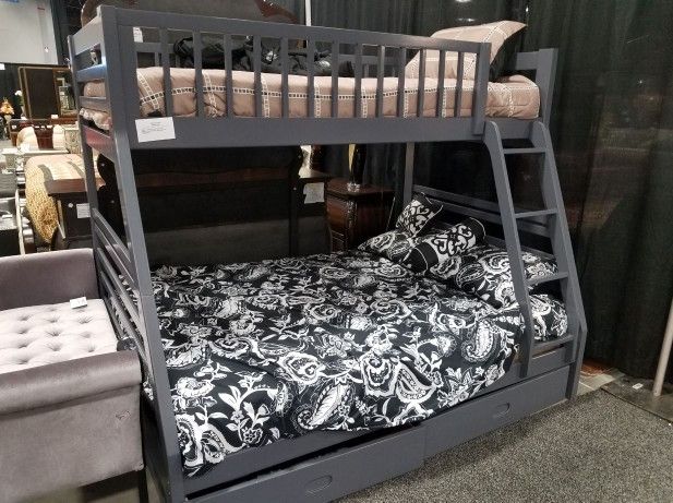 New 98061 Gray Wood Twin Full Bunkbed With Storage Drawers Only