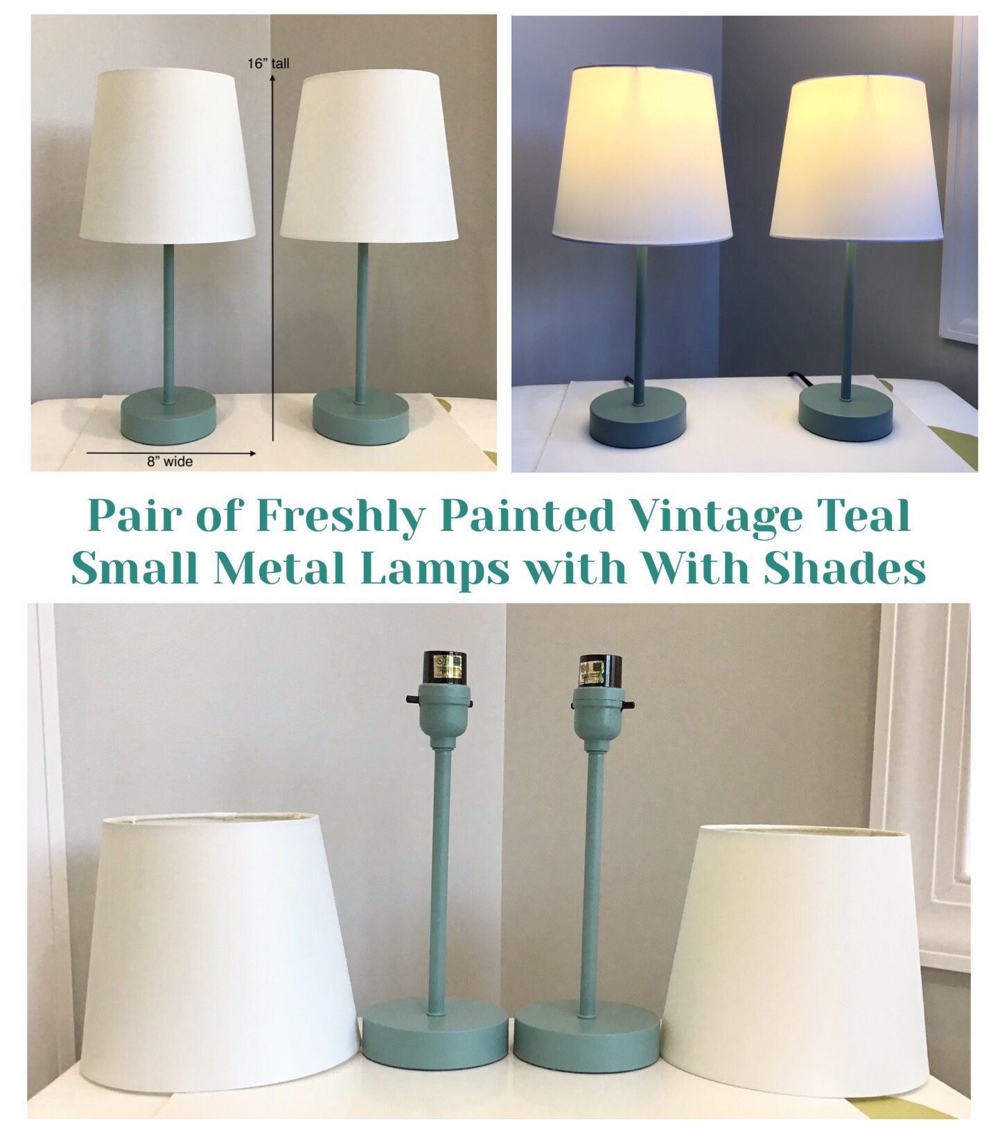 Pair of Freshly Painted Coastal Sage Small Metal Lamps with White Shades
