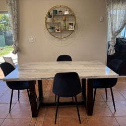 Real Marble Dining Table – Modern Wood Base, Seats 4–6