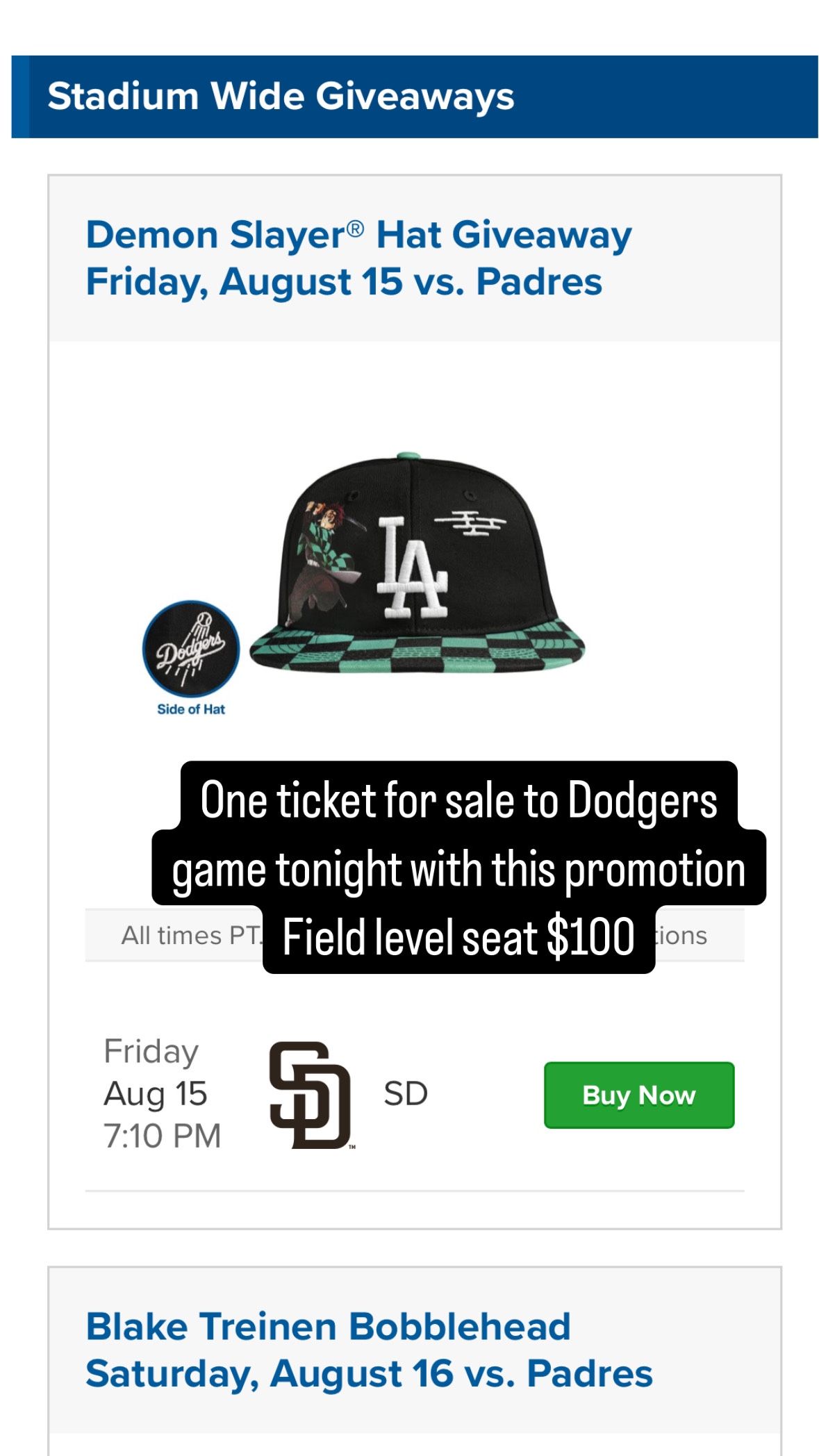 Dodgers Ticket For Sale For Tonight 