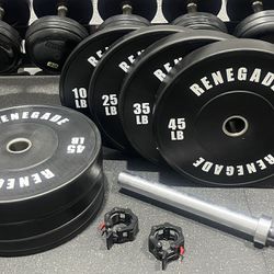🔥🔥🔥BRAND NEW 230 POUND RENEGADE 230 POUND OLYMPIC BUMPER PLATE SET WITH BLACK ZINC OLYMPIC BARBELL FREE DELIVERY🚚