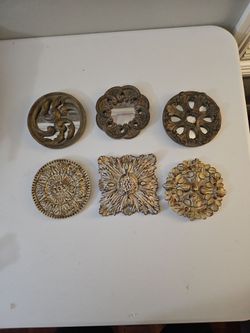 Set of 6 Ornate Decorative Metalic Finish Plaster Medallions