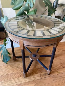 Glass top wooden side table vintage