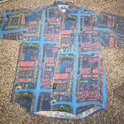 Vintage Bugle Boy Shirt Button Up Mens Large Abtract Cotton Short Sleeve 90s