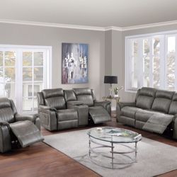 Brand New Grey Leather 3pc Reclining Sofa Set