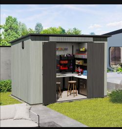 6x9FT Outdoor Resin Storage Shed with Transparent Windows & Louvered Vents, Plastic Tool Shed with Double Lockable Doors & Sloping Roof, Outside Garde