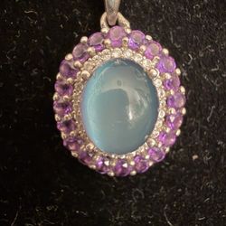 Sterling Amethyst Blue Chalcedony And Diamond Chips Pendant