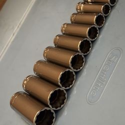 Snap-on Tools 9 pc 3/8" Drive 12-Point SAE Deep Flank Drive® Socket Set ( 3/8"-7/8" except 11/32") (1/4" and 5/16" missing)