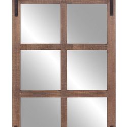Patton Wall Decor 33x26 Sliding Barn Door Wood Window Wall Mirror, Brown 