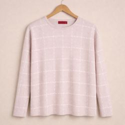 Love Scarlett Luxe pink Plaid crew Neck Sweater Women’s Size Small Soft Knit Windowpane Pullover