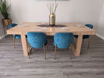 Stunning Modern Dining Set –  Table & 6 Turquoise Velvet Chairs