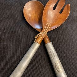 Wooden Salad, Spoons With Silver Metal Handles