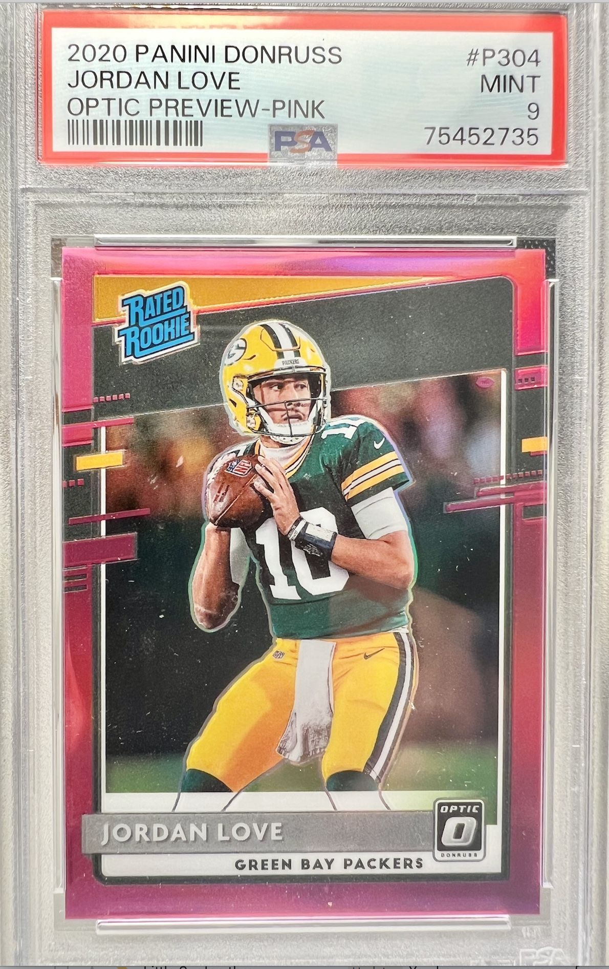 Jordan Love 2020 Rookie Packers Optic Pink PSA 9 Mint + Clearly