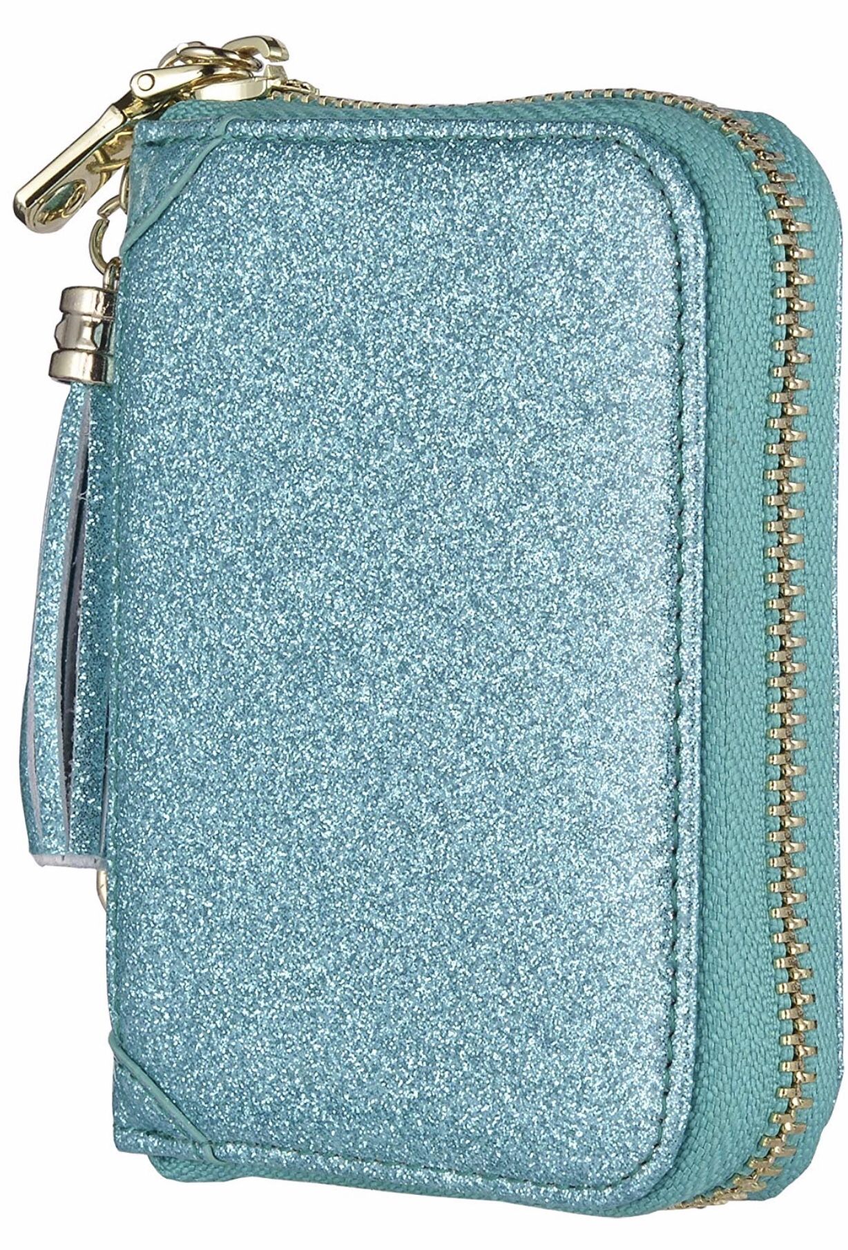 Brand New Glitter Teal Women's Credit Card Holder Wallet RFID Leather Small ID Card Case,Material: Genuine leather, Zip Closure 1 Zipper Pockets, 11