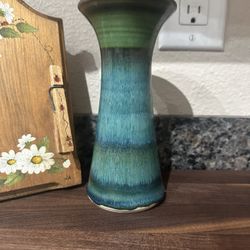 Signed JD Handmade Drip Glaze Pottery Flower Vase Blues And Greens Flared Rim