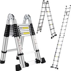 Telescoping Ladder 16.5FT,A-Frame Aluminum Extension Ladders with Stabilizer Bar Wheels,Portable Multi-Purpose Collapsible Ladder for Roof Ceiling Hou