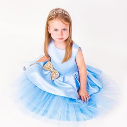 Blue Flower Girl dress with bow 1 pcs, size 5 T