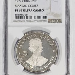20 Pesos Silver  1977 Cuba Maximo Gomez 