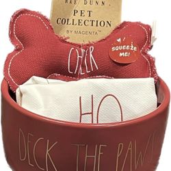 Rae Dunn Dog Food Bowl Christmas Gift Set “DECK THE PAWS” W/ Pet Bandanna & Toy