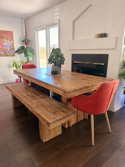 Solid Wood Dining Table with 2 Benches and 2 chairs