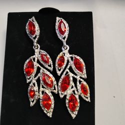 Avon Delphine Gala Earrings Red Pierced Ears Silvertone Dangle