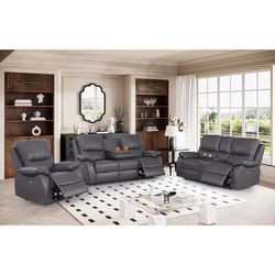 Power Recliner Set Of 3pc, Genuine Leather, Recliner Chair, 2-Seater Sofa, 3-Seater Couch