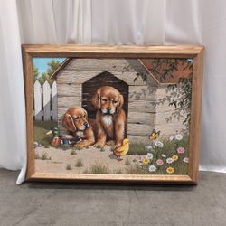 Puppies and Doghouse Wood Framed Canvas Print