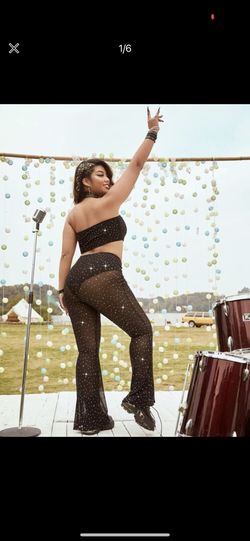 SHEIN SXY Plus Sequin Decor Mesh Tube Top & Panty Insert Flare Leg Pants