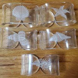 Set Of 5 Vintage Lucite/Acrylic Napkin Rings: Sea Theme Shells