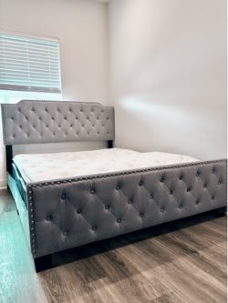 Queen Gray Velvet Tufted Wingback Bed Frame