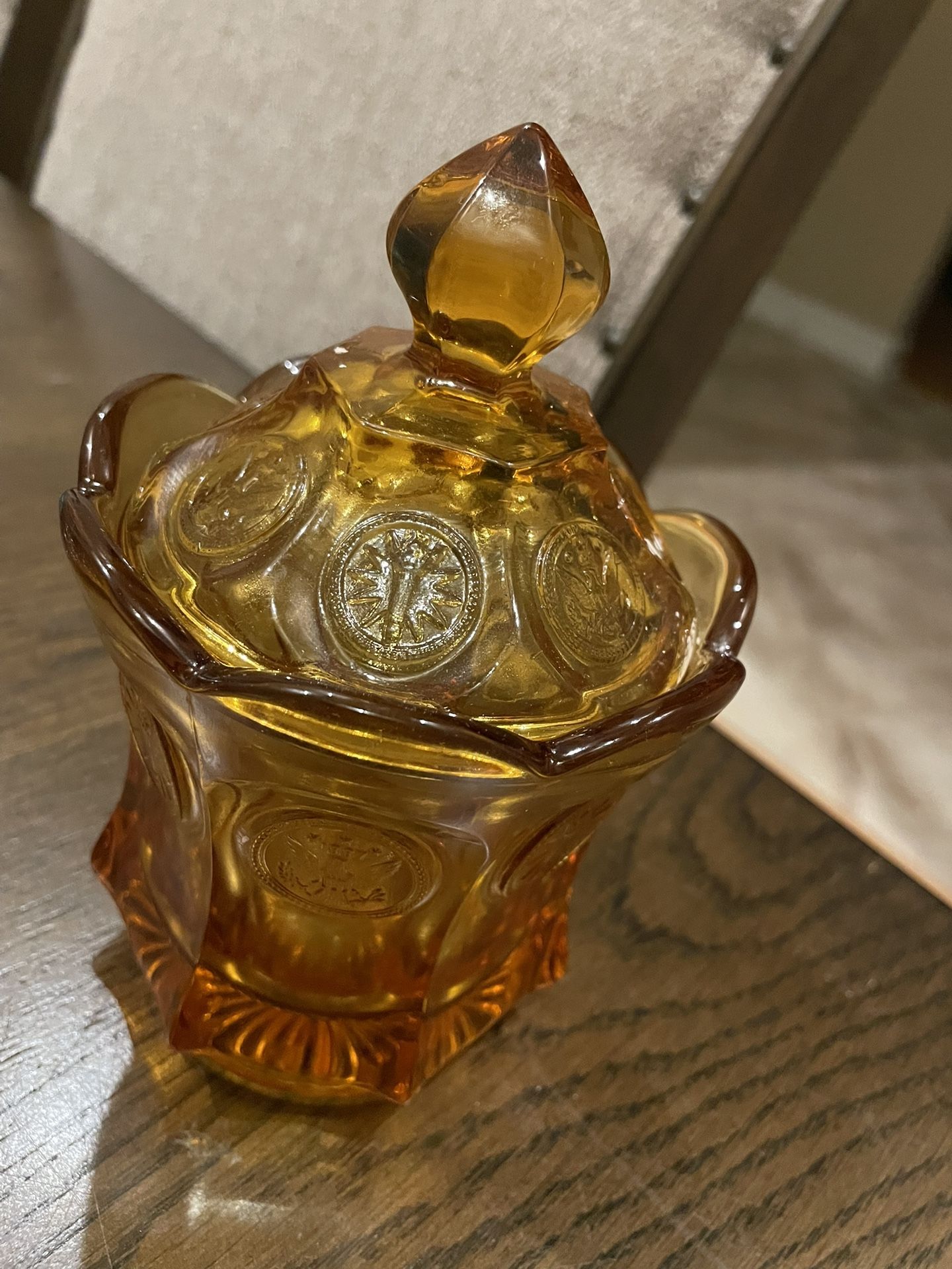 Vintage Fostoria Amber Coin Glass Covered Candy Jar 6.5" Excellent Condition