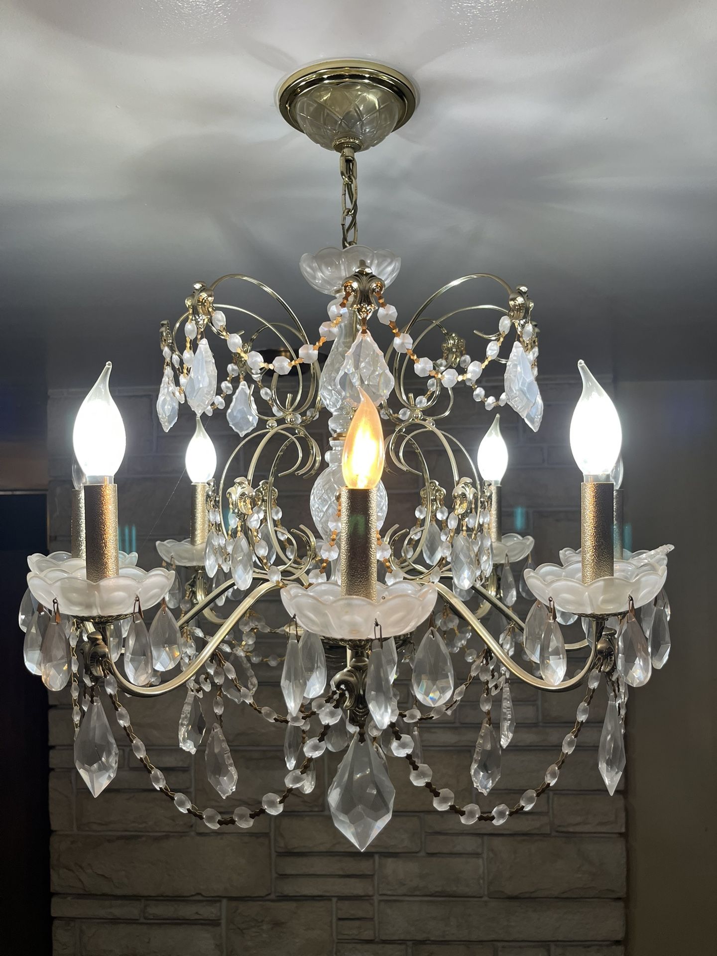 Antique - 1920’s Maurice Chandelier (French) Brass & Rock Crystal & Lead Glass In 8 Candelabra Style