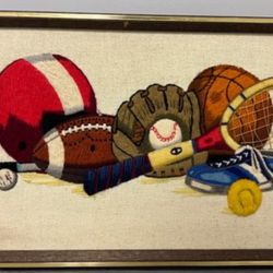 VINTAGE SPORTS THEMED KIDS FRAMED EMBROIDERY NEEDLEPOINT MADE IN 1975