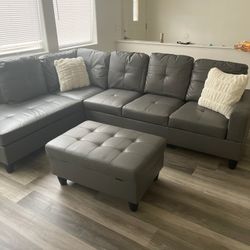 Grey Leather Sectional Couch And Ottoman