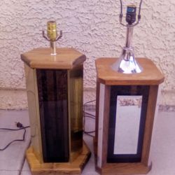 2 Vintage Modern Wood Brass & Chrome Table Lamps