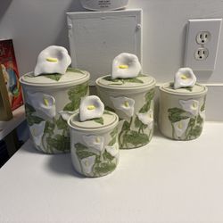 Four Loucarte Portugal Glazed Ceramic Canisters Featuring 3D Calla Lily Design