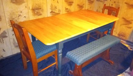 Sturdy Country Style 5 Piece Pine Wood Expandable Dining Room Table Set With Hidden Leaf, 2 Upholstered Chairs And 2 Benches