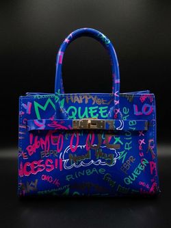 Blue Graffiti Print Structured Handbag