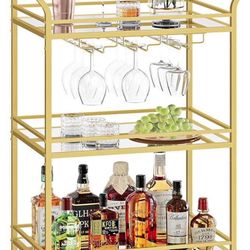 Bar Cart Gold, Small Home Bar Serving Cart with 3-Tier Mirrored Shelf, Wine Holders, Glass Holders,