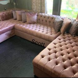 Brand New Pink Velvet Double Chaise Sectional 