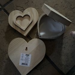 2 Heart-Shaped Wooden decor 1 trinket Box 
