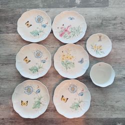 8 piece set Lenox Butterfly Meadow 6 qty 9” dinner plates one saucer one bowl