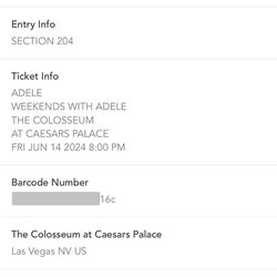 Adele 2 Tickets Cesar Palace Jun 14