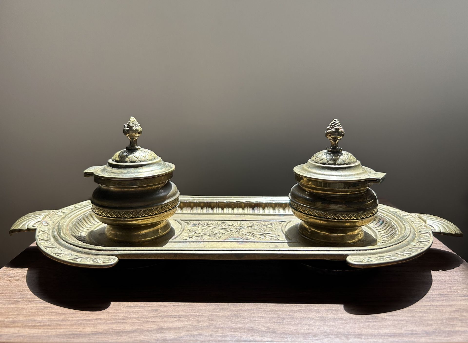 Antique Bronze Desk Double Inkwell Set, with classy glass inserts.