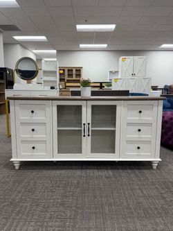 Assembled✨Farmhouse TV Stand for TVs Up to 65 inch, Glass Door TV Cabinet with Adjustable Shelf, Wooden Entertainment Center for 32-60 inch TV Console